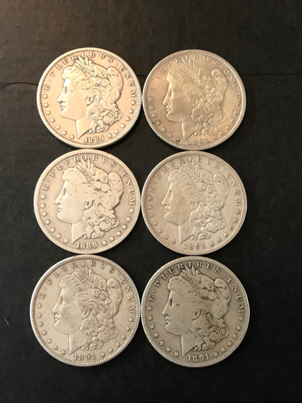 Lot of 6: Morgan Dollars, Circulated, 1889 P&O & 1891 P (2), O, & S, 90% Silver